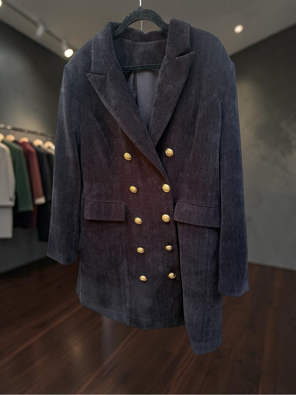 Double-Breasted Women’s Jacket in Charcoal with Gold Buttons